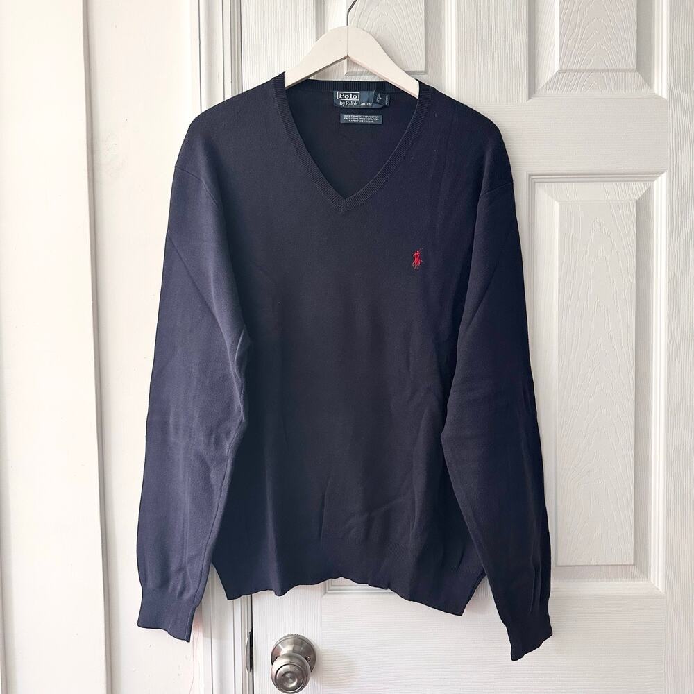 Polo Ralph Lauren Vintage Navy Pima Cotton V Neck Pullover Sweater Red Pony XL